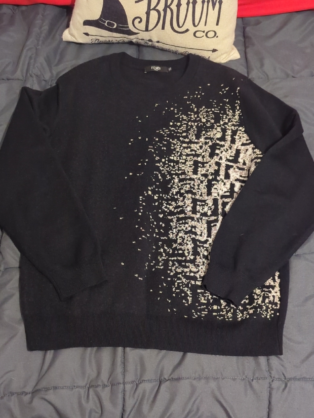 Fendi Black Sweater with Cream Pixelated Logo Pattern